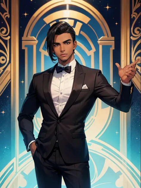 Homem de pele morena, jovem, elegante e com roupa de maestro, bonito, anime, cabelo preto