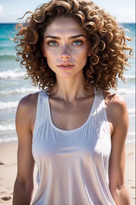 (sharp focus: 1.2), photo, attractive, mixed-race 40-year-old woman, (beautiful face: 1.1), detailed eyes, full lips, (cat eye makeup: 0.85), (big eyes : 1.0), (toned body: 1.2), (curly hair:1.2), wears (white tank top:1.2) on a (beach:1.2). (dim lighting:...