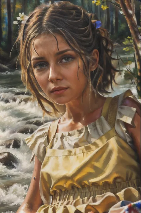 ((realistic:1.5)), ((best quality)), ((tmasterpiece)), ((Detailed)), (a girl), (upper body: 1.3), super wide angle lens, face focus , bathing in the river, expressive eyes, Long, wet hair, (detailed face, pretty eyes: 1.3), Perfect composition, intricate f...