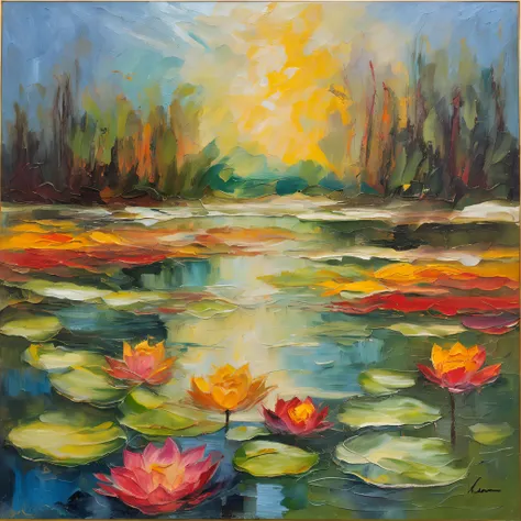 (A turbulent pond with lotus flowers is depicted in a Van Gogh-style dynamic and colorful oil painting):1.9