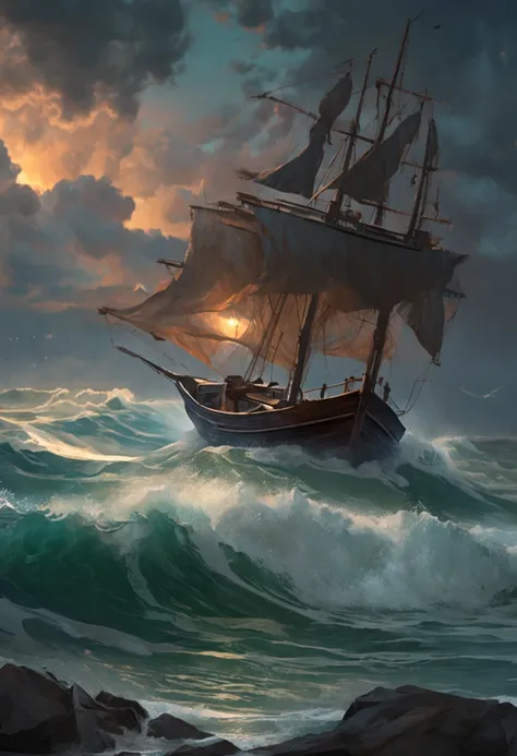 A real photographic landscape painting with incomparable reality,Super wide,Ominous sky,Sailing boat,Wooden boat,Lotus,Huge waves,Starry night,Harry potter,Volumetric lighting,Clearing,Realistic,James gurney,artstation，（（oil painted））