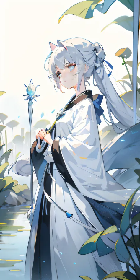 White hair and light blue pick-dye，Blue pupil，Single horsetail，teens girl，icey，yuki，Side Body，Hold an umbrella in one hand