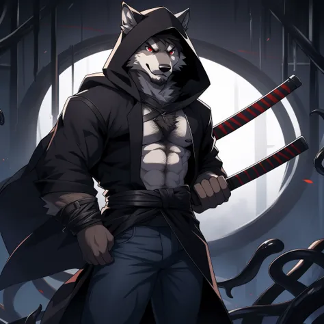 solo person，shaggy，hairy chest，There are black tentacles on the back，a black trench coat，White color blouse，Black hood，Gray jeans，gray wolf，Red-blue pupils，Black katana around the waist