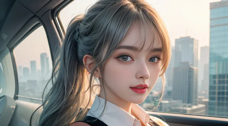 （Girl Standing In Big Office）, Silver hair, Bangs, Blunt bangs, Long hair, braided ponytails, aqua eyes, longeyelashes, Solid Circle Eyes, makeup, Open mouth, blush, Parted lips, Bright pupils, smiley, Seductive smile, glint, surrealism, Modern,（（ Camoufla...