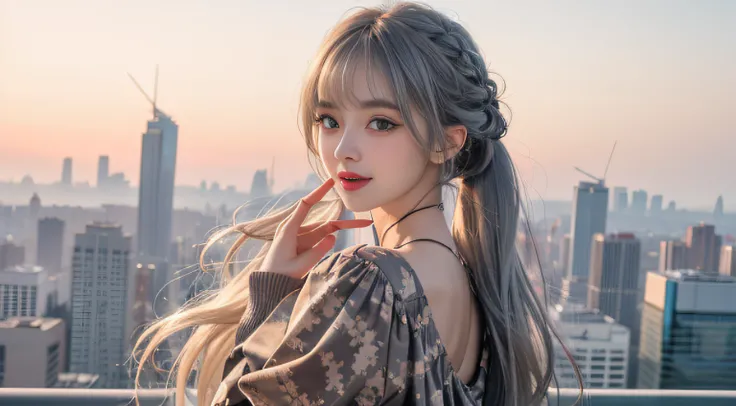 （Girl Standing In Big Office）, Silver hair, Bangs, Blunt bangs, Long hair, Braiding（poneyTail）, aqua eyes, longeyelashes, Solid Circle Eyes, makeup, Open mouth, blush, Parted lips, Bright pupils, smiley, Seductive smile, glint, surrealism, Modern,（（ Camouf...