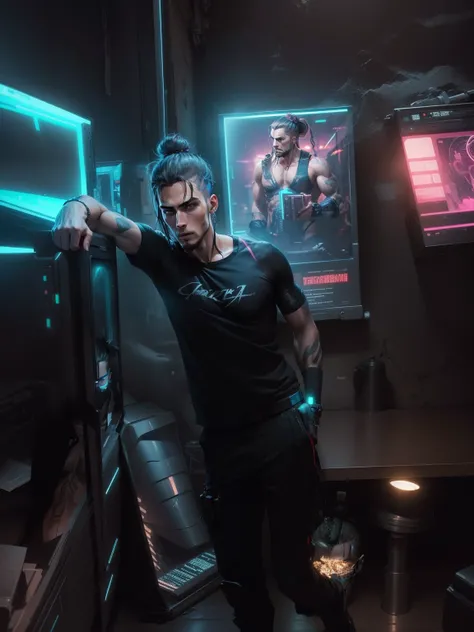 Change into cyberpunk, handsome, cool,hot ,six pack body, realistic,man bun hairstyle,