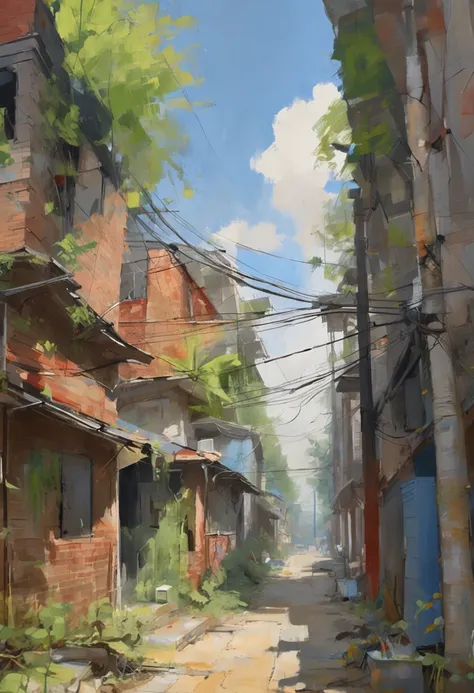 very cozy little place，ultra-realistic realism，Makoto Shinkai anime，Old dilapidated houses on city streets，home wiring，exteriors，Skysky，​​clouds，In the daytime，scenecy，The tree，blue-sky，buliding，flags，electrical wires，railing，Wide lens，telephone poles，town...