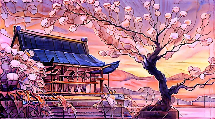 a serene mountain landscape at sunrise, with a solitary temple perched on a peak, surrounded by cherry blossom trees in full blo...