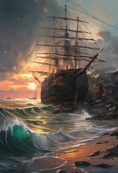 Real picture（（painting））Landscape painting,acrycle painting，Brush Strokes，With unparalleled realism,ultrawide,ominous skies,Sail ships,Wooden boats,Lotus,Huge waves,Starry night,Harry Potter,voluminetric lighting,Clearing,Realistic,james gurney,art  statio...