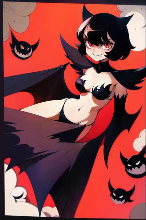 beatrice, batwing, bat ears, bikini, black hair, short hair, tomboy, red eyes, gothic, thic eyeslashes, go nagai style