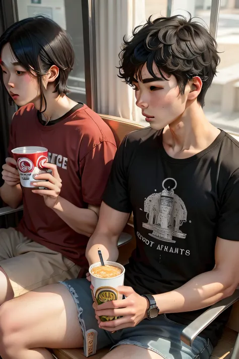 A black-haired high school boy eats instant noodles with his friend