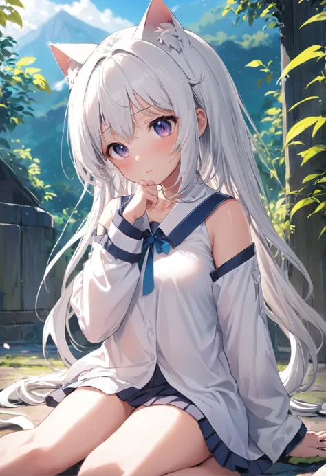 White long sleeve shirt，Born figure，Bare shoulders，Cat ears，Shy Expressions，Open white shirt，Shoulders exposed，a cute loli，Leaky shoulders，Barefoot，Look up at your head，Lie on the ground，largeeyes，Cute faces in anime，Lori，Long grey hair，Lolita skirt，Rest i...