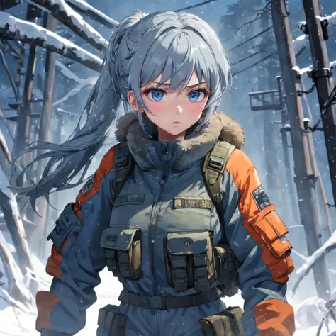 (Photorealistic), Beautiful lighting, Best quality, Realistic, Full body portrait, Real picture, Intricate details, Depth of field, 1girll, In a cold blizzard, A girl with a very muscular hairstyle, Wear a winter camouflage military uniform, Camouflage pla...