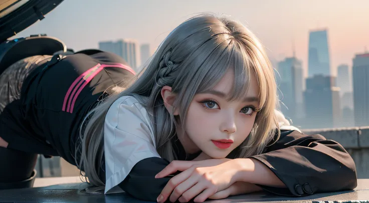 （Girl sleeping face down in big office）, Silver hair, Bangs, Blunt bangs, Long hair, Braiding（poneyTail）, aqua eyes, longeyelashes, Solid Circle Eyes, makeup, Open mouth, blush, Parted lips, Bright pupils, smiley, Seductive smile, glint, surrealism, Modern...