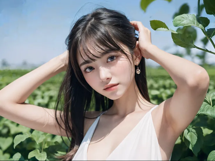 (Close up portrait of one girl with slender small breasts and two side up hair in a white dress:1.5)、(One girl with her hands folded behind her head:1.3)、(A huge flower farm with blue skies :1.3)、(Perfect Anatomy:1.3)、(complete hands:1.3)、(complete fingers...