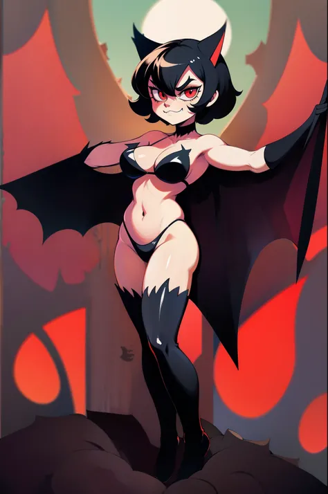 beatrice, batwing, bat ears, bikini, black hair, short hair, tomboy, red eyes, gothic, thic eyeslashes, go nagai style, full body, fliyng