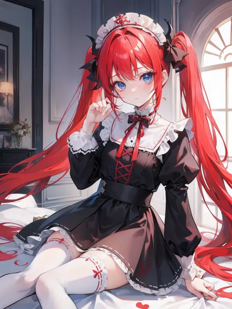 red hair,blue eyes,twintails,maid, long hair, long sleeves, gothic, solo, loli,Short skirt, white stockings,{{best quality}}, {{masterpiece}}, {{ultra-detailed}}, {illustration}, {detailed light}, {an extremely delicate and beautiful},little girl,cute,drag...