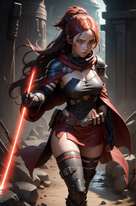 (masterpiece), (best quality), (1 girl), ((red skin: 1.8)), ((yellow eyes: 1.5)), (detailed face), full body, as sith detailed portrait, twilek, darth taron, sexy, full body tribal, cute, with red lightsaber, (wearing a black robe), black stealth armor, br...