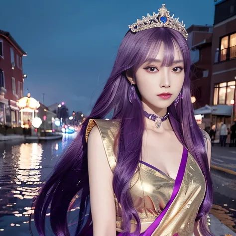 32K（tmasterpiece，k hd，hyper HD，32K）Long flowing bright purple hair，Autumn Pond，zydink， a color，  Asian people （Silly girl）， （Silk scarf）， Combat posture， looking at the ground， long whitr hair， Floating bright purple， Fire cloud pattern gold tiara， Chinese...