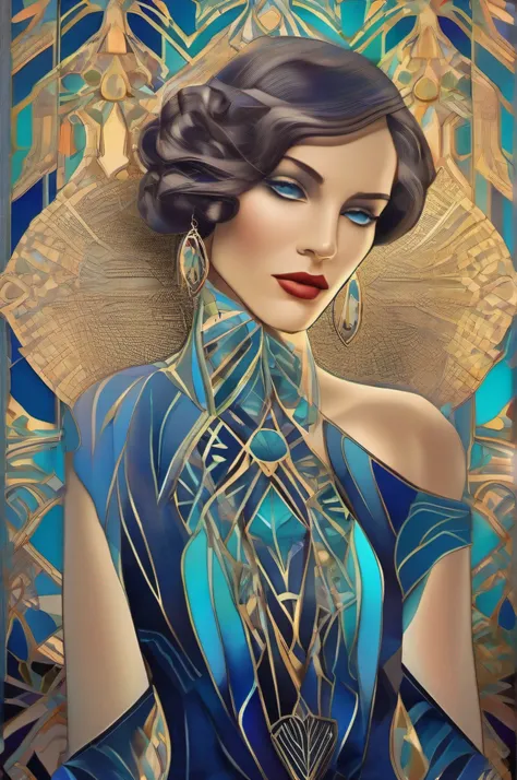 Art Deco style, chromatic, indigo and cyan. Portrait,    beautiful Woman