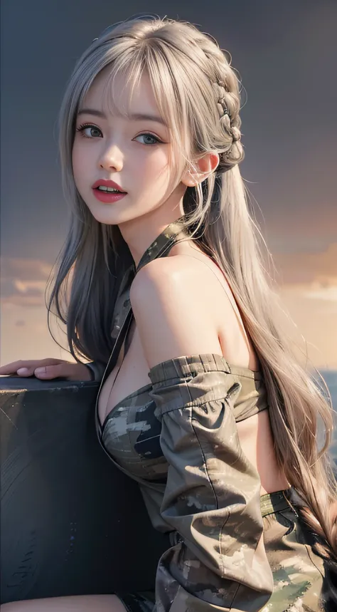 （Girl sleeping face down in big office）, Silver hair, Bangs, Blunt bangs, Long hair, Braiding（poneyTail）, aqua eyes, longeyelashes, Solid Circle Eyes, makeup, Open mouth, blush, Parted lips, Bright pupils, smiley, Seductive smile, glint, surrealism, Modern...