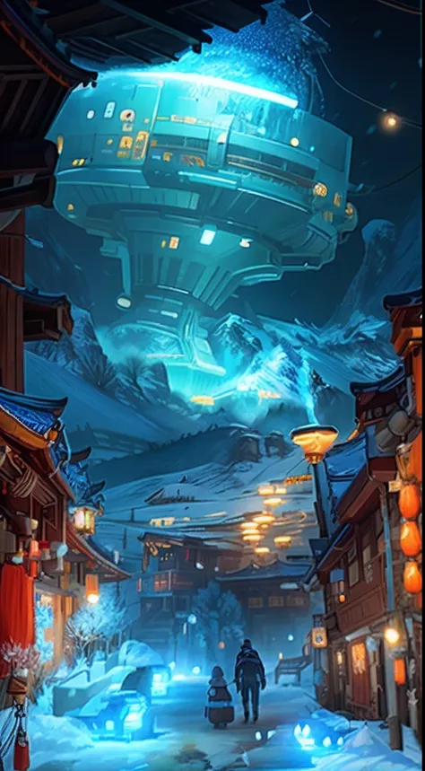 sci-fy，Moon，snow mountains，sense of science and technology，makina，conceptual drawing, cyber punk style,Concept art for the game, Lanterns，The sky is snowing，stray，The astronaut，pandas，Original Drawing，lamplight，Back shadow，snow mountains，Chinese architectu...