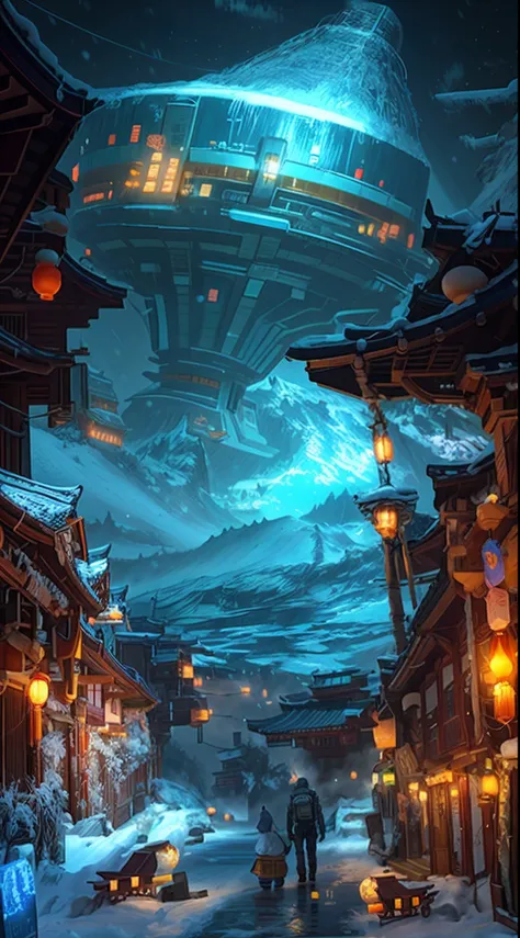 sci-fy，Moon，snow mountains，sense of science and technology，makina，conceptual drawing, cyber punk style,Concept art for the game, Lanterns，The sky is snowing，stray，The astronaut，pandas，Original Drawing，lamplight，Back shadow，snow mountains，Chinese architectu...