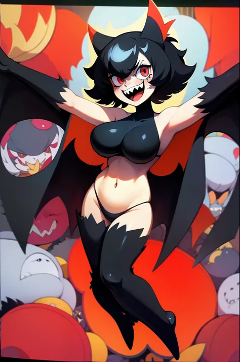 beatrice, batwing, bat ears, bikini, black hair, short hair, tomboy, red eyes, gothic, thic eyeslashes, go nagai style, full body, fliyng, curvy, big breast, sharpteeth, open mouth, smile