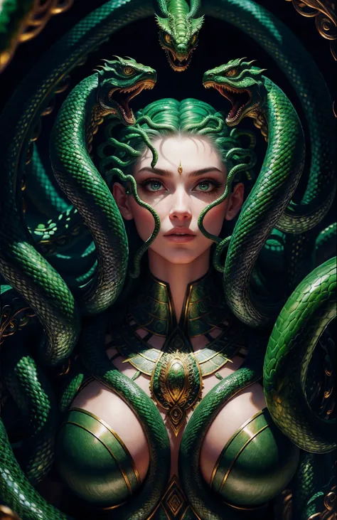 ((best quality)), ((masterpiece)), ((realistic)), Medusa, the body of the snake monster, the human face and upper body, the hair is composed of countless small snakes, green eyes, female face, metal carving tops, regal, trending on artstation, sharp focus,...