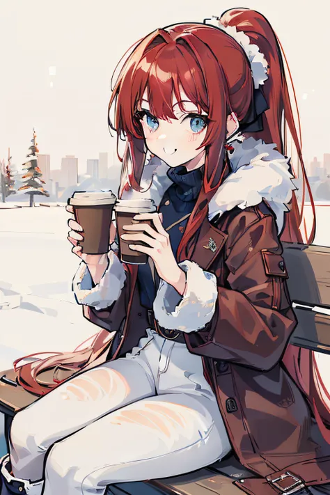 masterpiece, best quality, 1girl, long hair, (red hair), waist-length hair, ponytail, blue eyes, sharp eyes, smiling, ((brown fur coat)), white knitted clothes, (navy long jeans), boots, in the winter, snowing, fond, sitting on the bench, smiling, ((detail...