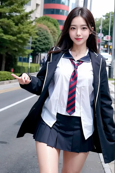 face is :9,3157126699], Realistic high school girl in summer uniform playing in the city, Move ki。serafuku、Seifuku, loose coat collar sailor uniform, Japan school uniform, A smile、Skirt and thighs、Raw photo, (in 8K、top-quality、​masterpiece:1.2)、(intricate ...