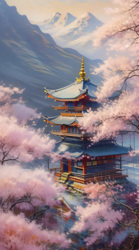 A serene mountain landscape at sunrise, with a solitary temple perched on a peak, surrounded by cherry blossom trees in full bloom, evoking a sense of tranquility and spiritual awakening, Illustration, digital art