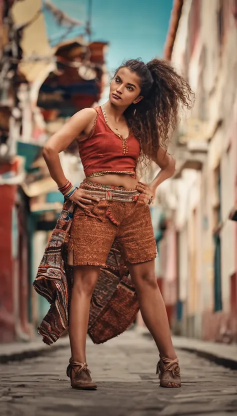 Hermosa joven morena con rulos, argentina, Standing on stage at a folk recital, Llevar una remera sin mangas con tirantes con el texto "Folclore Anuritay" impreso, Clothes in rustic colors, vaqueros, hipy, in front of camera, realista, Detalles de gran int...