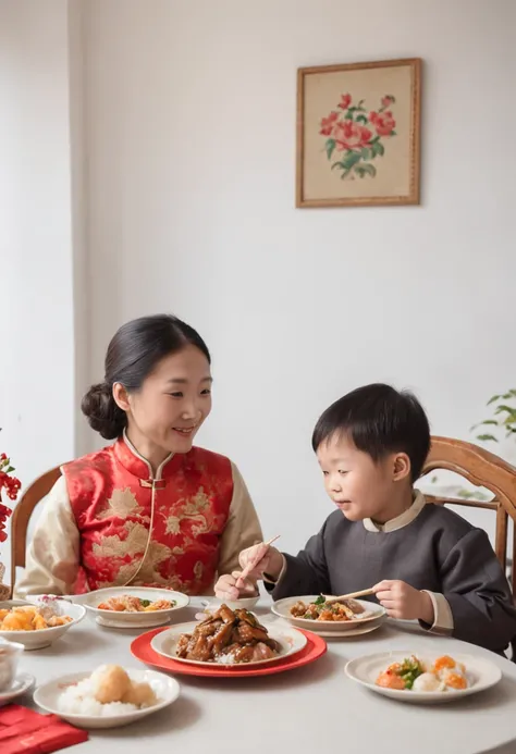 A painting that captures the essence of a harmonious Chinese family, Full of love and warmth. The scene unfolds within the confines of the comfortable living room, The walls are decorated with photos and souvenirs，Tell their life stories. In the center of ...