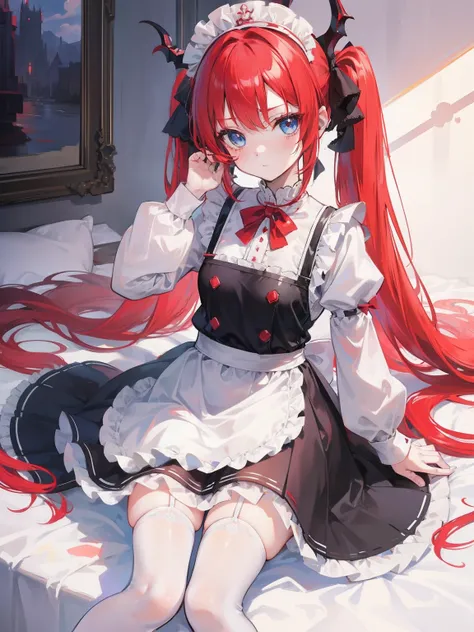 red hair,blue eyes,twintails,maid, long hair, long sleeves, gothic, solo, loli,Short skirt, white stockings,{{best quality}}, {{masterpiece}}, {{ultra-detailed}}, {illustration}, {detailed light}, {an extremely delicate and beautiful},little girl,cute,drag...