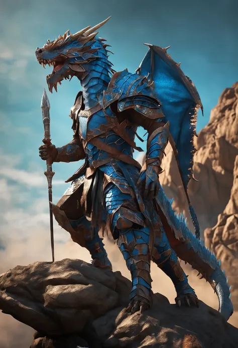 Dragon male, bipedal, blue scales, in leather armor, wielding a staff