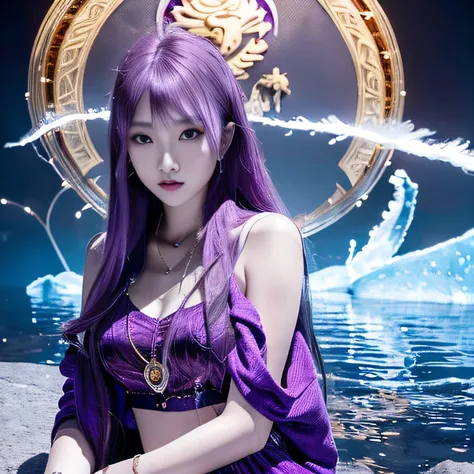 32K（tmasterpiece，k hd，hyper HD，32K）Long flowing bright purple hair，Autumn Pond，zydink， a color， Asian people （Silly girl）， （Silk scarf）， Combat posture， looking at the ground， long whitr hair， Floating bright purple， Fire cloud pattern gold tiara， Chinese ...