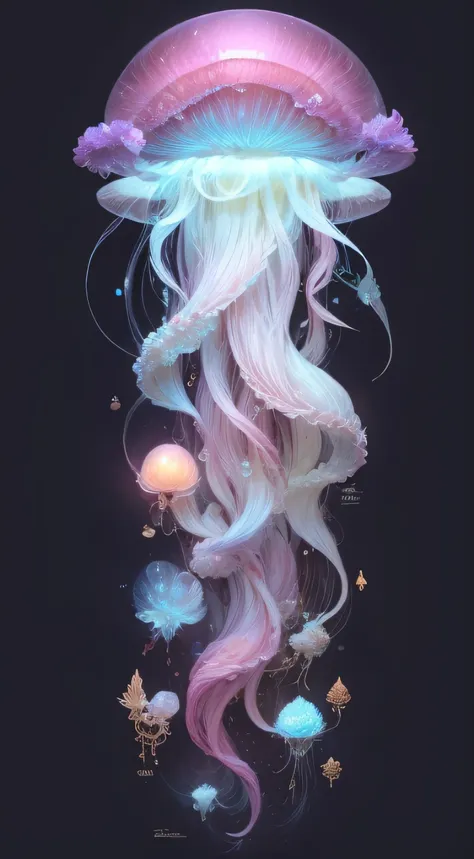 guardian of light, jellyfish，the milky white body glows，there are red dots on the head，jellyfish morphology，the tentacles are lo...