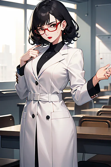 with short black hair, Tall, White lab coat,teachers, Glasses, dark mole, freckle, Red lipstick, Curly hair, Work at your desk, Waist up，Expression of anger，quarrel