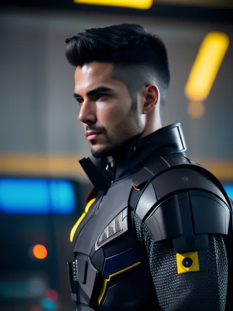 fking_scifi，photo of a man，Black protective clothing with yellow accents，Black hair hair，（Gray eye：1.35），Square chin，asymmetric face，Stand in front of the window，80mm，Background bokeh，Mass effect, deactivated, fking_cinema_v2，High voltage electrician