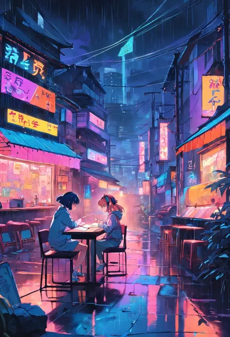 (zero), Girl studying at the table, reading a book, Wear headphones, , night lights, Neon landscape on a rainy day,Analog Color Theme, Lo-Fi Hip Hop , retrospective, flat, 2.5D ,Draw a line, Ink Drawing, Large slope, Watercolor painting, Goosch Colors, Stu...