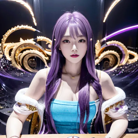 32K（tmasterpiece，k hd，hyper HD，32K）Long flowing bright purple hair，Autumn Pond，zydink， a color， Asian people （Silly girl）， （Silk scarf）， Combat posture， looking at the ground， long whitr hair， Floating bright purple， Fire cloud pattern gold tiara， Chinese ...