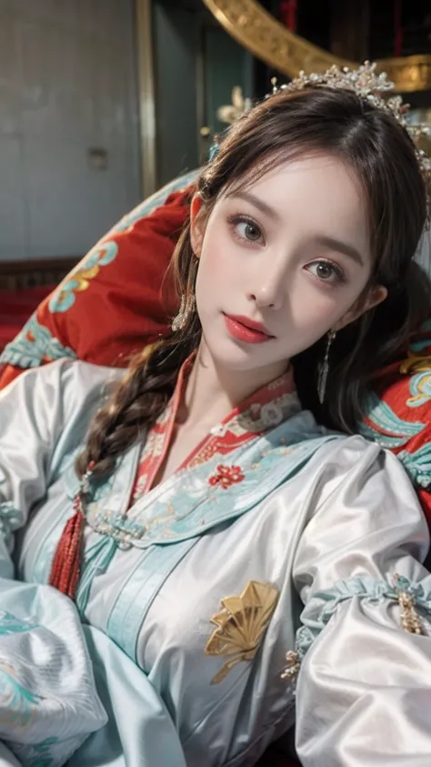 （Ultra-realistic 8K CG：1.2），Perfect artwork，delicate patterns，Complicated details，Heavy makeup，（Unbeatable masterpiece，Best quality at best：1.2），（extremly intricate：1.2），A woman in a red and gold dress，（Bare legs），Sexual temptation，Teasing expressions，Lift...