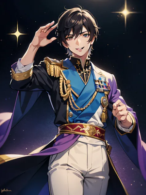 1 guy looking manly, wearing a prince costume, black hair, smiling, sparkling eyes, high-resolution, 8k masterpiece, looking at you,