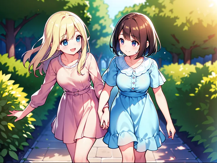 Two girls, childhood sweethearts, walked hand in hand along the campus path, Smiling brightly, Happy, Perfect Quality, Clear Focus (clutter - house: 0.8), (Masterpiece: 1.2) (Realistic: 1.2) (bokeh) (Best Quality) (detailed skin: 1.3), (intricate details) ...