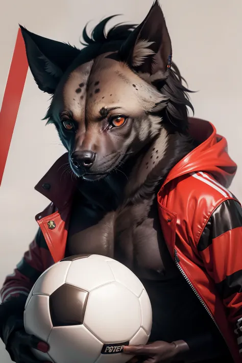 black hyena with red coat with stripes on white holding a soccer ball