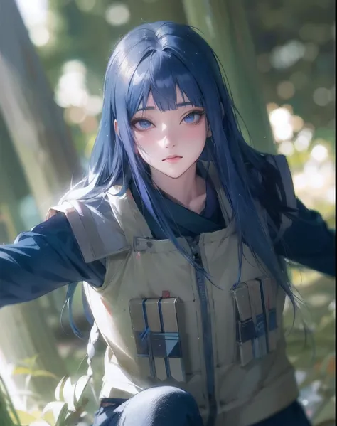 mulher com cabelo azul e um colete posando para uma foto, Hinata hyuuga, Hinata, hyuuga, Byakugan, Arte no estilo de Guweiz, estilo anime 4K, anime fotorrealista, arte de anime realista, menina anime jovem realista, Estilo anime 3D realista, menina anime a...