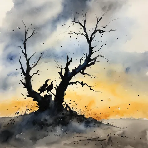 Two crows on a dead tree, Shadows shaped like walkers, Starry Night, thick fog on the ground, Blue light on the horizon, unreal enginee 5, Cinematic, low angle photo, Motion Blur, depth of fields, Dust, Cobblestones and soil. Splash Art, Drip paint. Perfec...