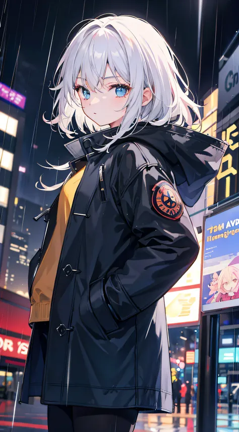 1girl, Night City, rain, coat, hands in pockets