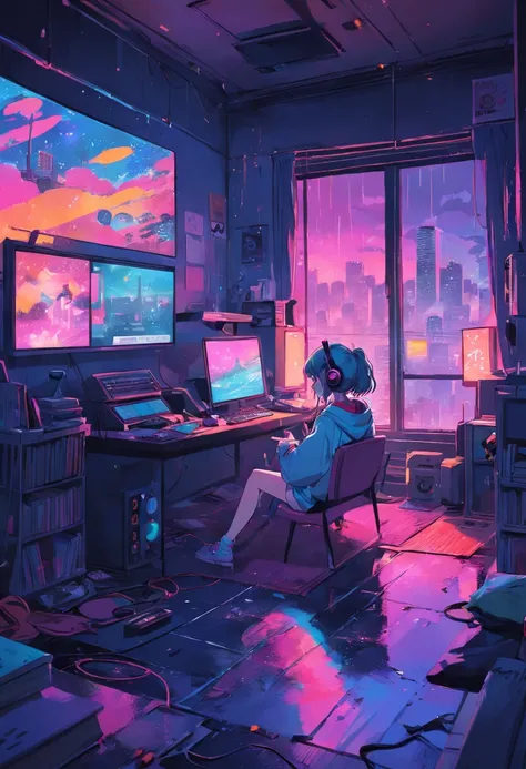 (zero), Girl studying in her room, reading a book, Wear headphones, , night lights, Neon landscape on a rainy day,Analog Color Theme, Lo-Fi Hip Hop , retrospective, flat, 2.5D ,Draw a line, Ink Drawing, Large slope, Watercolor painting, Goosch Colors, Stud...